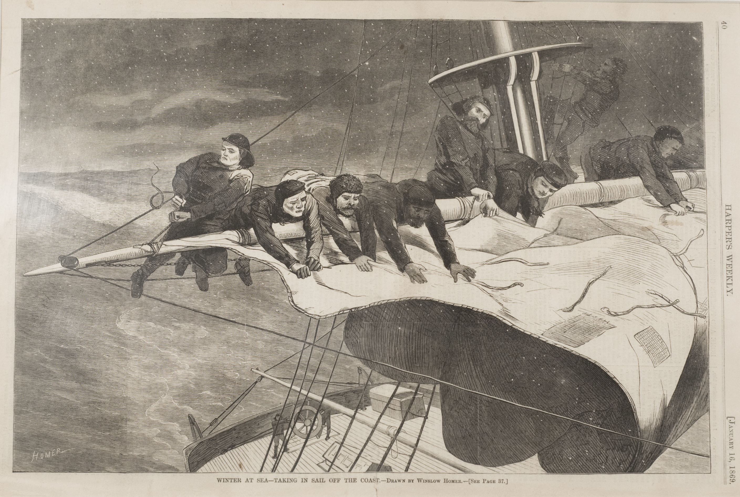 Winslow Homer, "Winter at Sea - Taking in Sail off the Coast (For Harper's Weekly, January 16, 1869)," ca. 1869, Wood engraving, 12 7/8 x 8 7/8 in., William F. Brooks Fund
