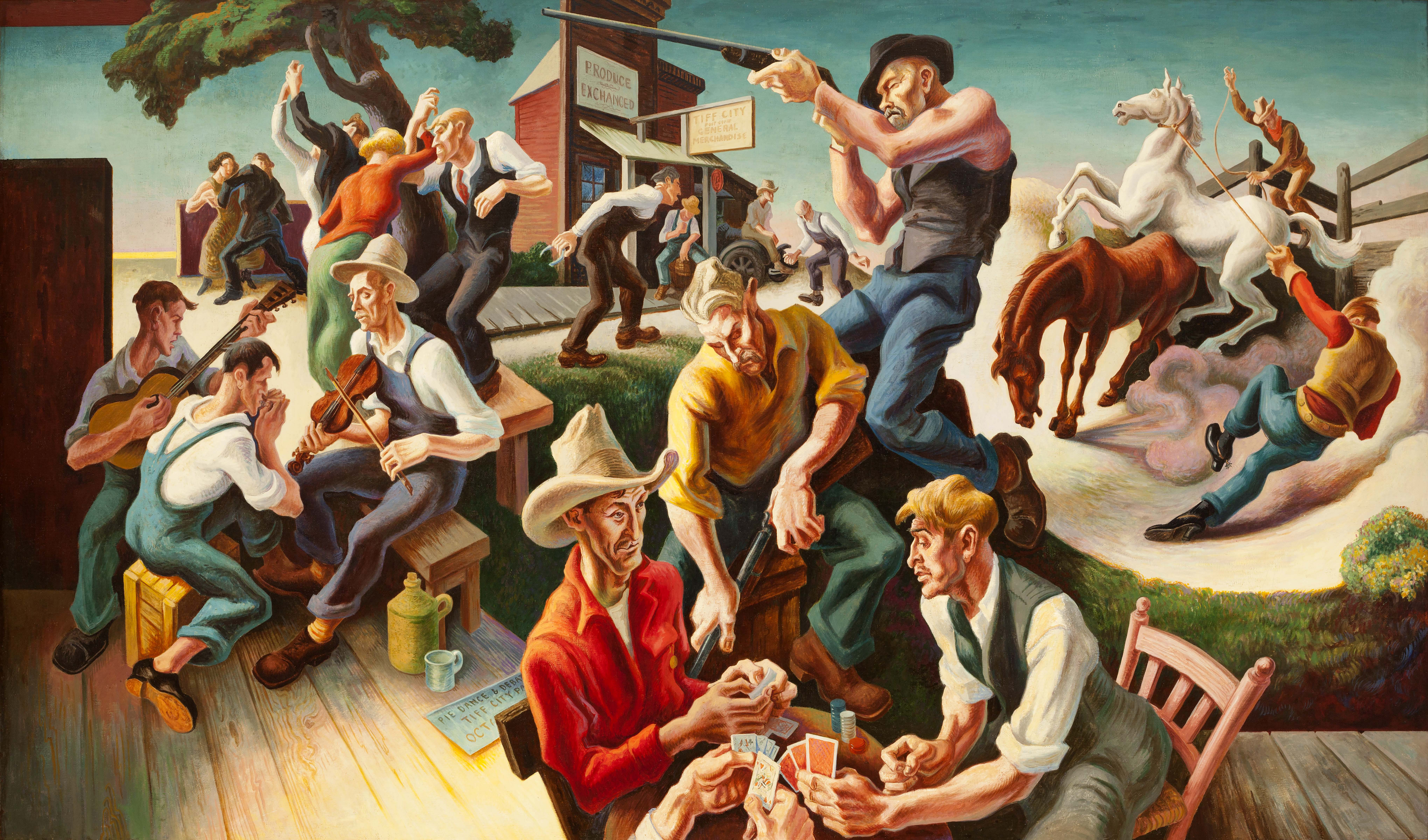 Thomas Hart Benton, <i>The Arts of Life in America: Arts of the West, </i> 1932, Egg tempera and oil glaze on linen, 93 3/4 x 159 1/2 in., Harriet Russell Stanley Fund