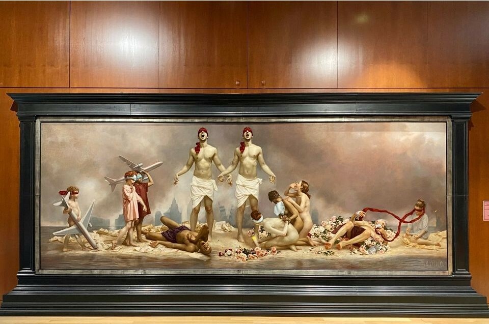 Graydon Parrish, “The Cycle of Terror and Tragedy: September 11, 2001,” 2002-2006, Oil on Canvas, 76 x 210 in., Charles F. Smith Fund and in memory of Scott O’Brien who died in the World Trade Center, given by his family, 2006.116