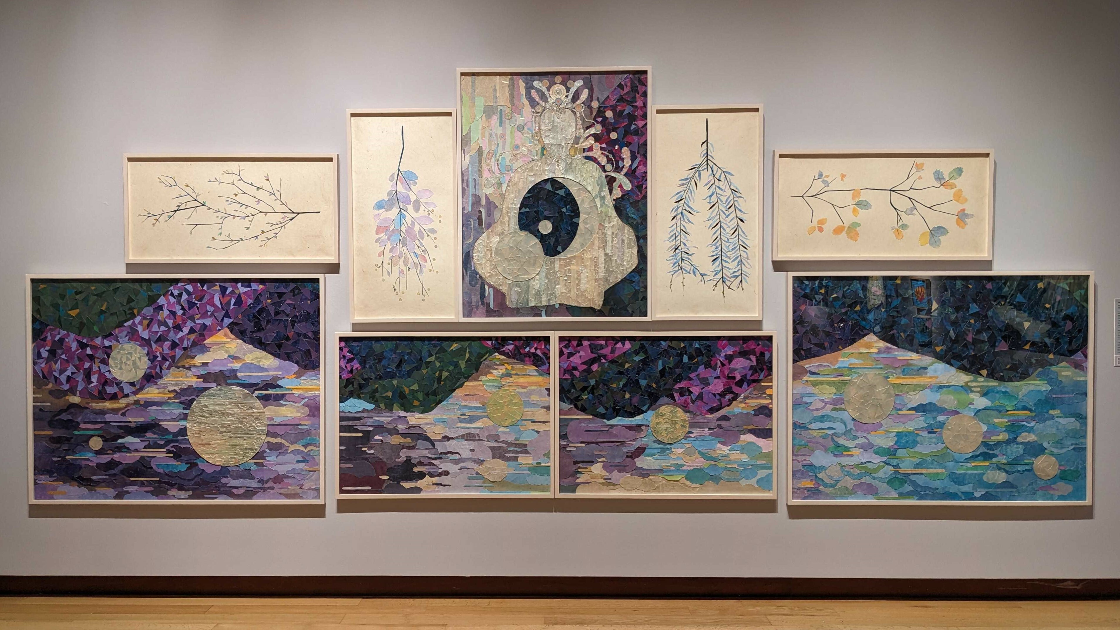 Saya Woolfalk "Birthing a New Sky (Inverted Variation)," 2021-2023, Mixed media collages on paper, vinyl, and wood, 120 × 218 3/4 × 2 3/4 in. (304.8 × 555.6 × 7 cm), Courtesy of the artist and Leslie Tonkonow Artworks + Projects, New York, NY