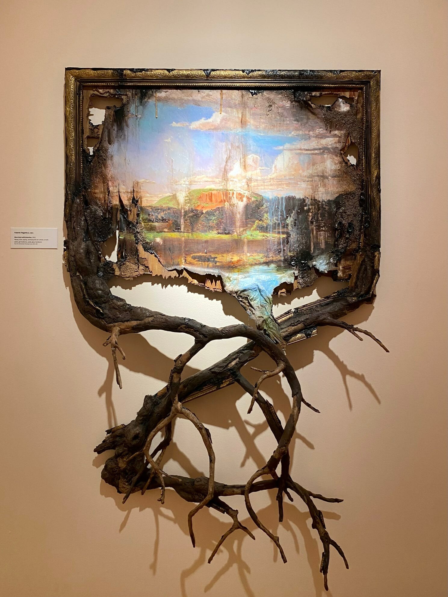 Valerie Hegarty, "West Rock with Branches," 2012, Wood, wire, epoxy, archival print on canvas, acrylic paint, gel mediums, sand, glue, hardware, 65 x 48 x 11 in., Paul W. Zimmerman Purchase Fund, 2011.104
