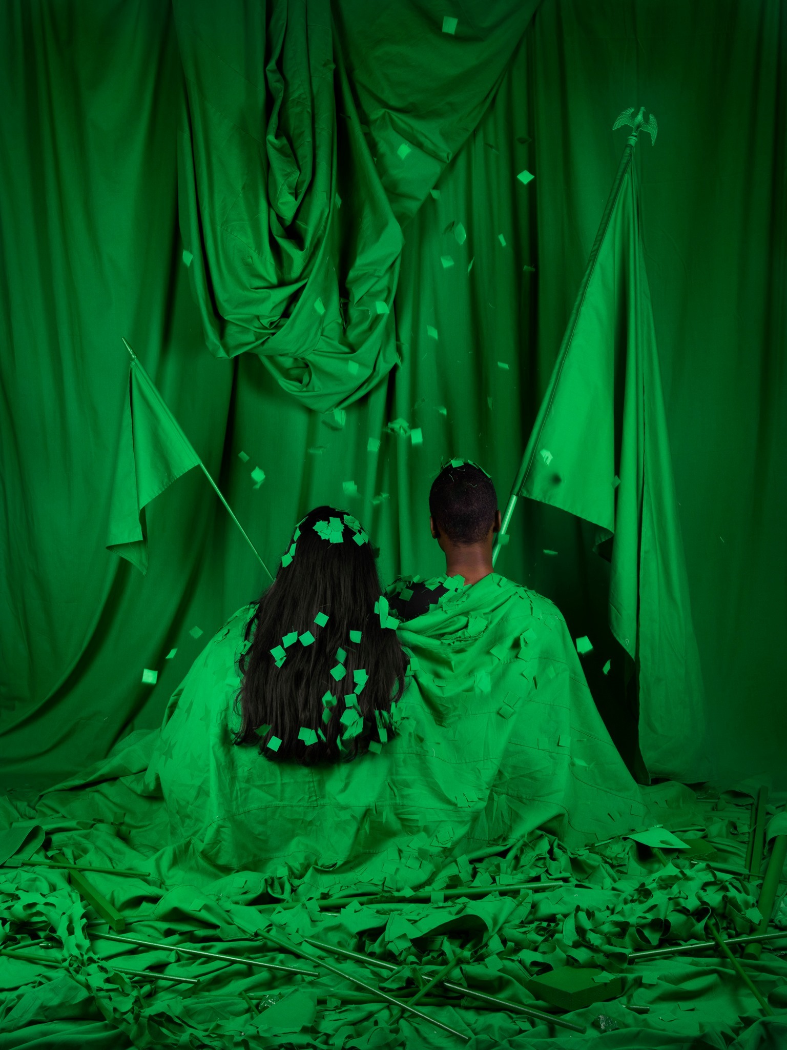 Stephanie Syjuco, <i>Chromakey Aftermath (Standard Bearers)</i>, 2019, Archival pigment print, 40 × 30 in.