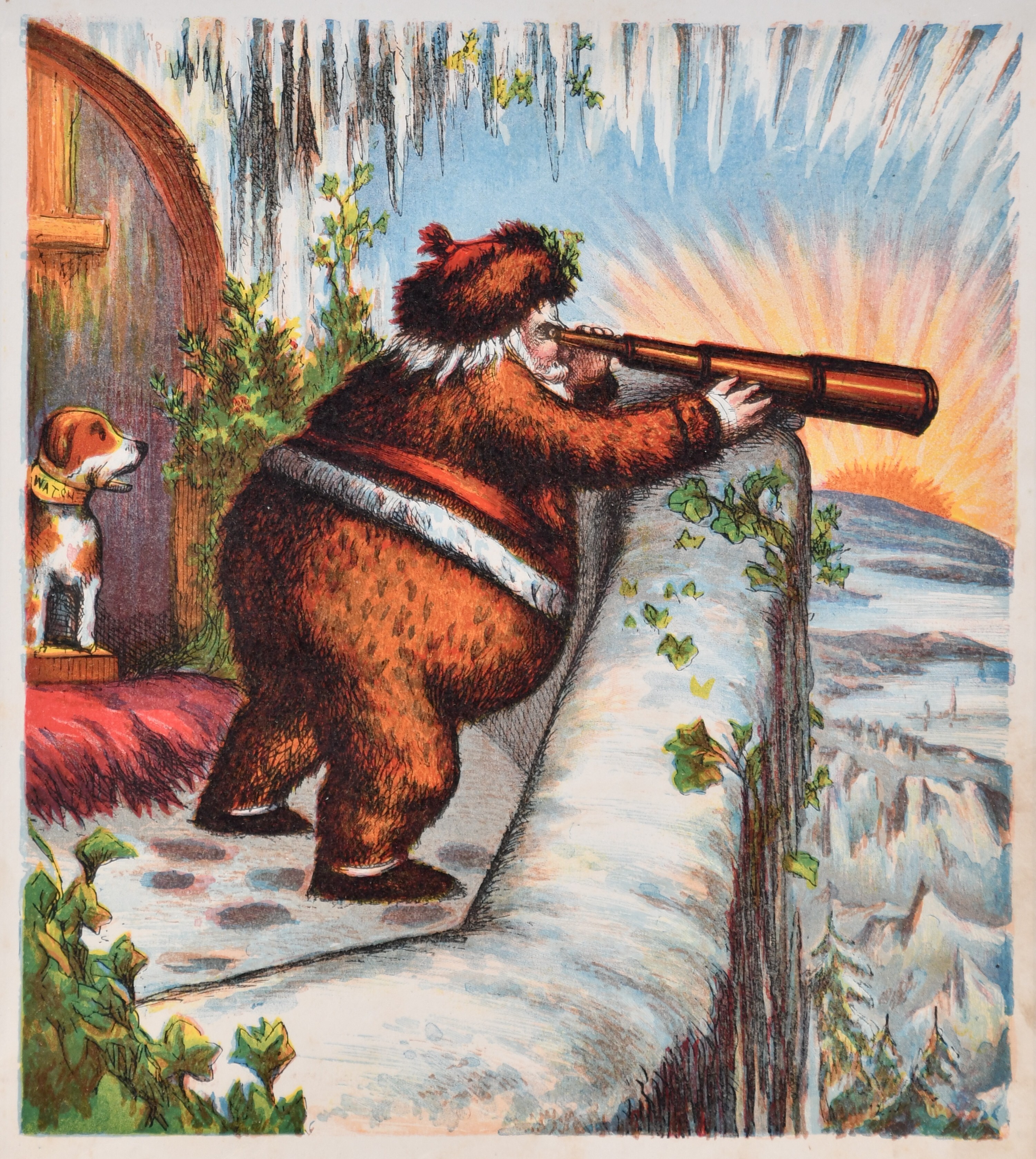 Thomas Nast (1840-1902), "Santa With Telescope, from Santa Claus and His Works," originally published 1870, Colored lithograph, Gift of Stephen Jeffrey
