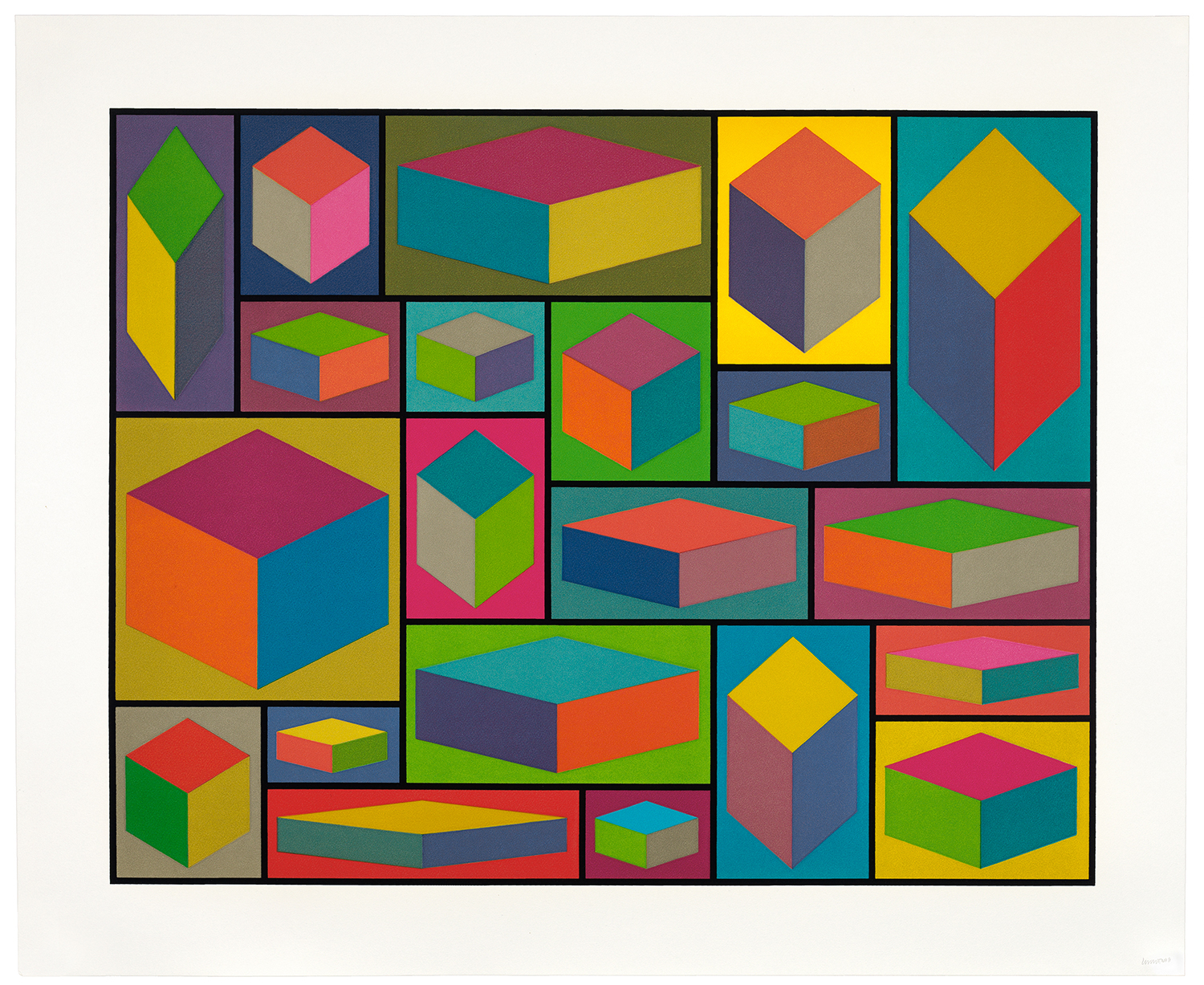 Sol LeWitt, <i> Distorted Cubes</i>, 2001, Set of 5 linocuts, 28 x 35 in., Catalogue Raisonne, NBMAA Collection