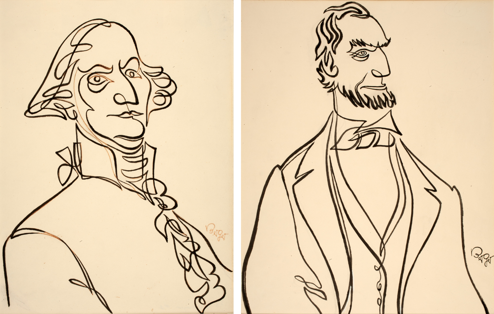 (Left) Oscar Berger, "George Washington," 1968, Ink on paper, 12 x 9 in., Gift of the Estate of Oscar Berger, 2004.125.01LIC; (Right) Oscar Berger, "Abraham Lincoln," 1968, Ink on paper, 16 x 12 ⅛ in., Gift of the Estate of Oscar Berger, 2004.125.16LIC