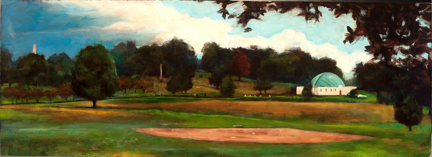 Kyle Andrew Phillips, "Walnut Hill Park," 2008, Oil on wood, 10 × 26 1/2 in., Gift of the artist, 2008.61